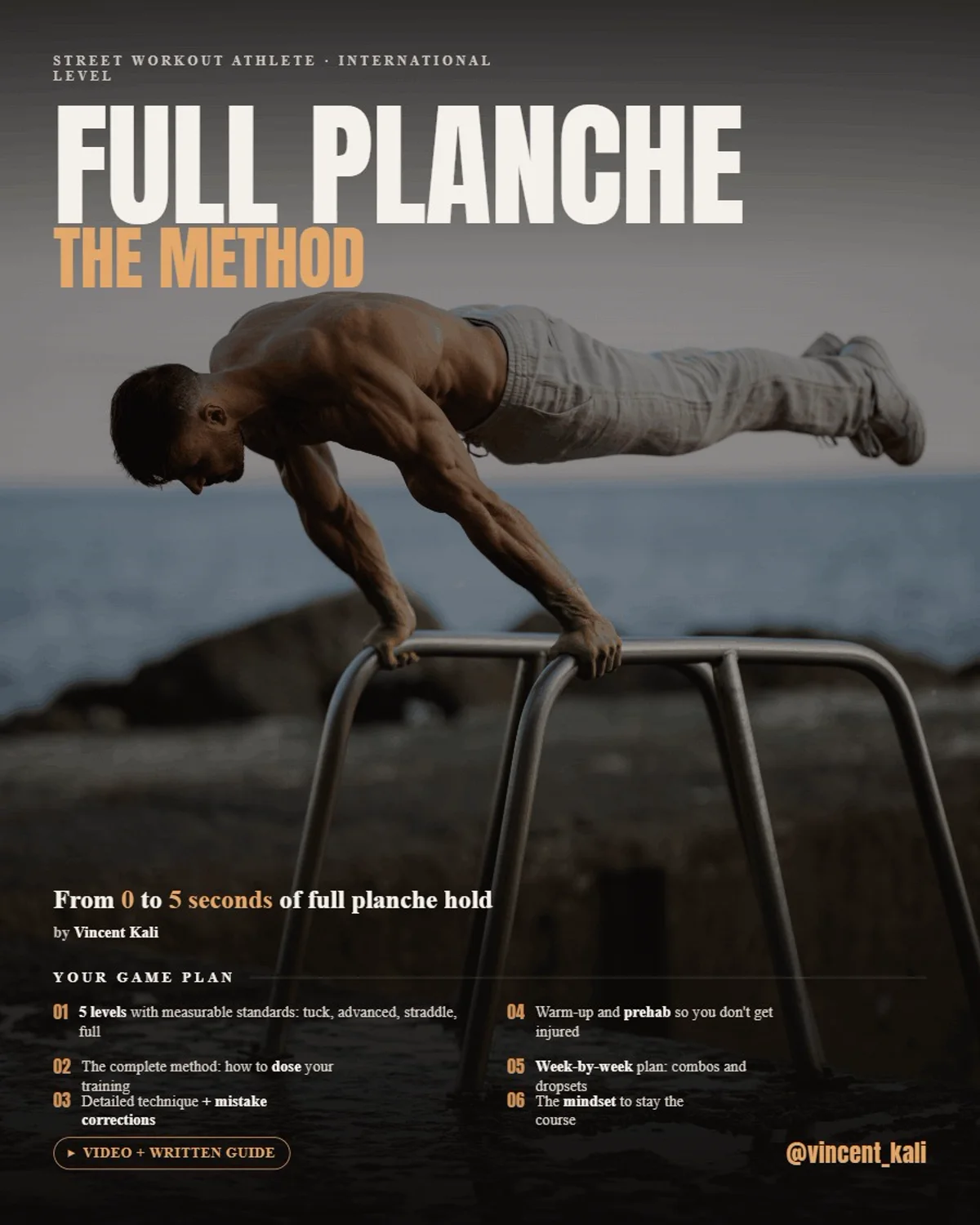 Full Planche: The Method program poster, from 0 to 5 seconds of full planche hold, by Vincent Kali